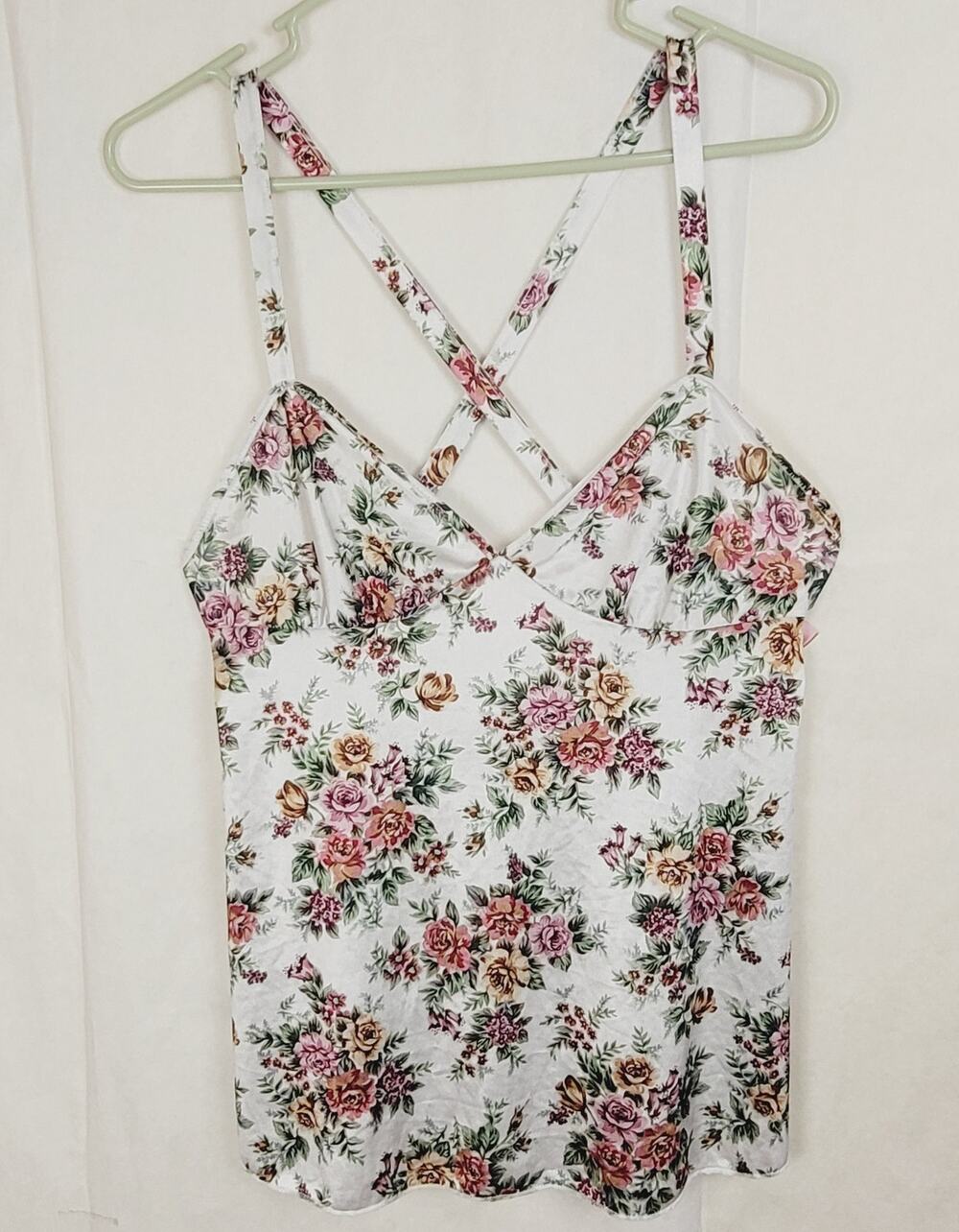 Petra pink floral satin babydoll lingerie top Size large bow accents Coquette